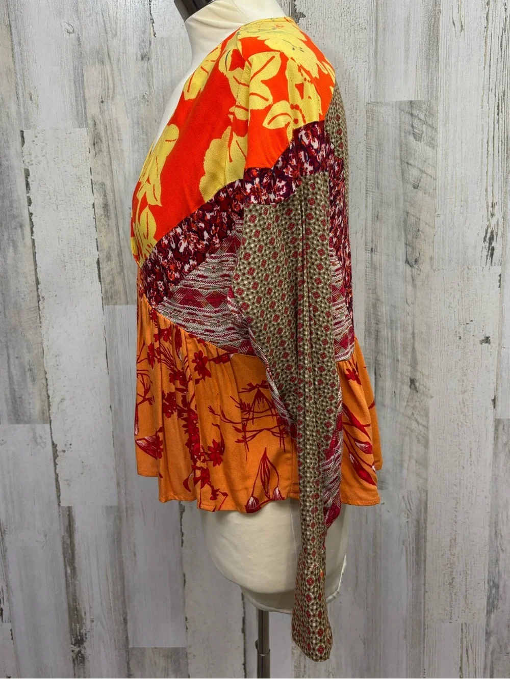 Free People‎ Aloha State of Mind Orange & Brown Mixed-Print V-Neck Peplum Blouse